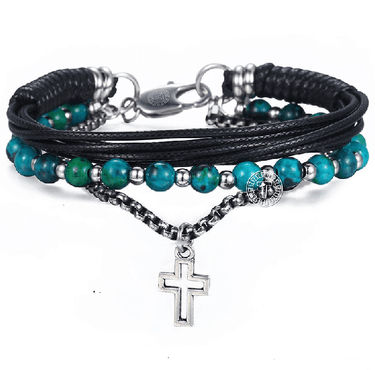 Chrysocolla Stone , Leather & Box Link 3pc DETOX Bracelet Set